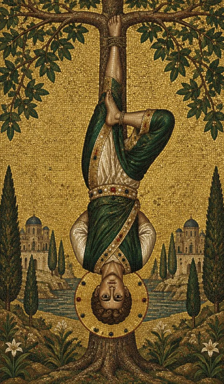 The Hanged Man — Byzantine mosaic illustration